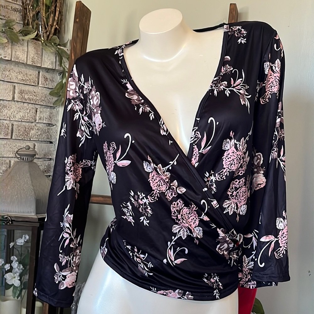 Deep v neck floral silky long sleeve dressy shirt